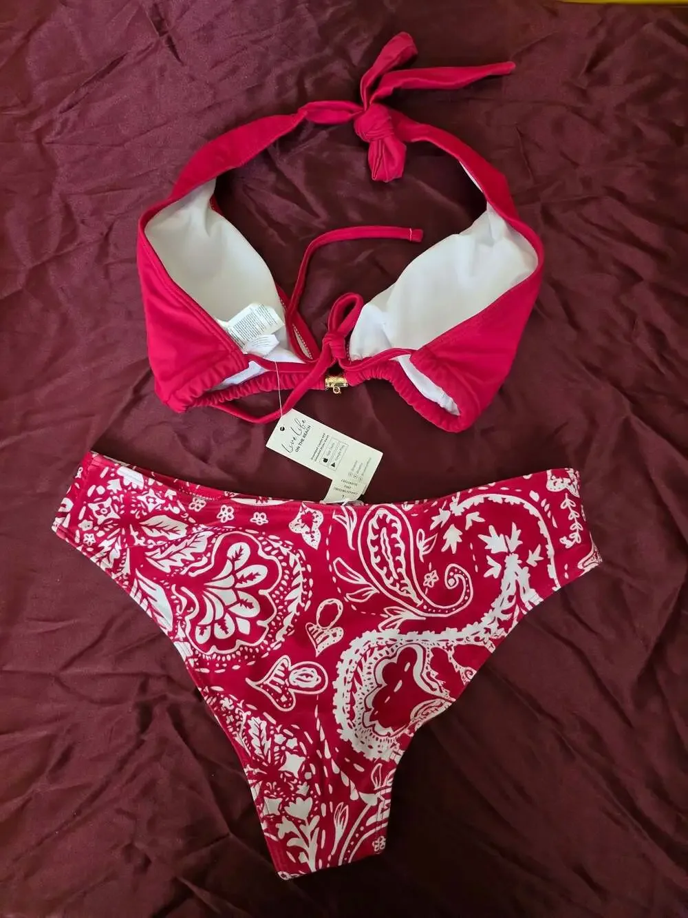 NWTbCUPSHE Red and White Paisley Print Halter Bikini Set Large